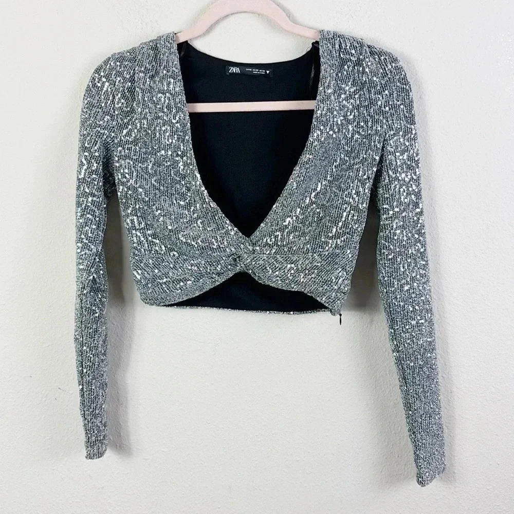 Zara Silver Sequin Knotted Long Sleeve Crop Top size XS Side Zipper